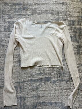 Brandy Melville Cream Waffle Knit Scoop Neck Long Sleeve Crop Top